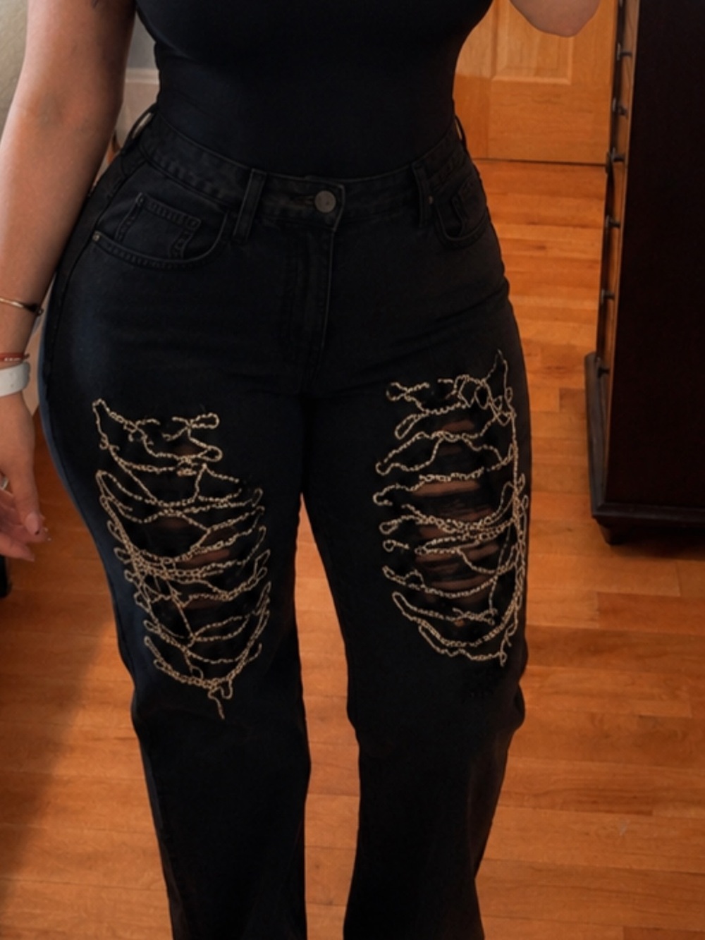 Fashion Nova Black Straight Leg Jeans with silver Chain Distress